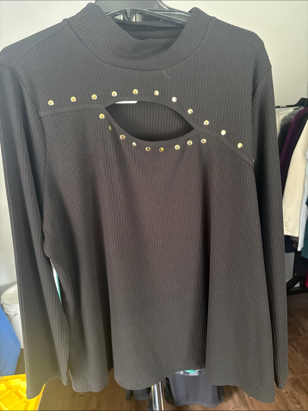 INC International Concepts Black Ribbed Long-Sleeve Top with Gold Studs